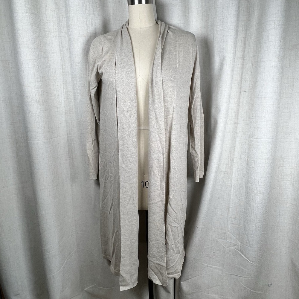 Eileen Fisher 100% Wool Open Front Long Duster Cardigan Sweater Beige Medium